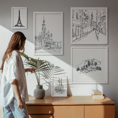 Paveikslų rinkinys miegamajam Stilingos architektūrinės iliustracijos