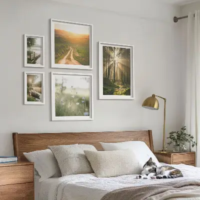 Paveikslų rinkinys miegamajam miško peizažai su saule ir vandeniu