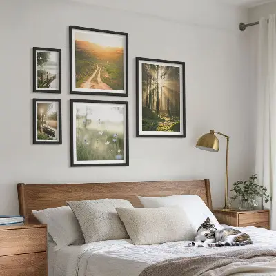 Paveikslų rinkinys miegamajam miško peizažai su saule ir vandeniu