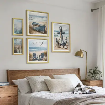 5 paveikslų rinkinys su rėmais pajūrio stiliaus įkvėpta jūros paplūdimio kompozicija