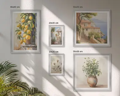 Paveikslų rinkinys miegamajam su citrusinių vaisių akcentais Viduržemio jūros stiliumi