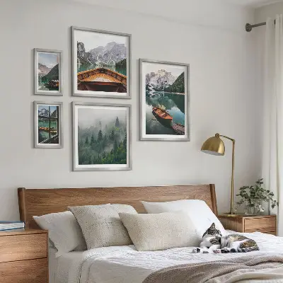 5 paveikslų rinkinys su rėmais ramūs kalnų ežerai su valtimis