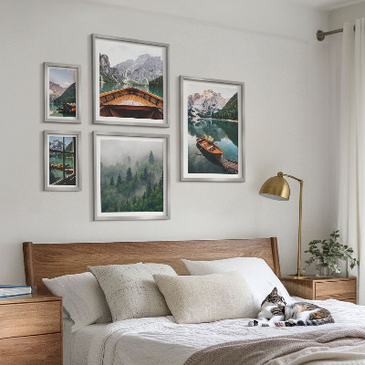 5 paveikslų rinkinys su rėmais Ramūs kalnų ežerai, valtys