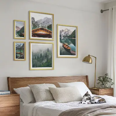 5 paveikslų rinkinys su rėmais ramūs kalnų ežerai su valtimis