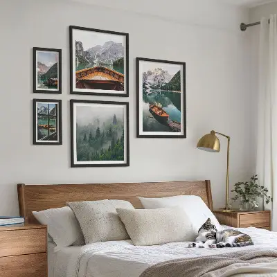 5 paveikslų rinkinys su rėmais ramūs kalnų ežerai su valtimis