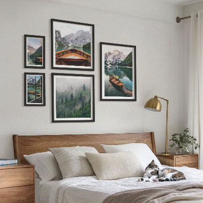 5 paveikslų rinkinys su rėmais Ramūs kalnų ežerai, valtys