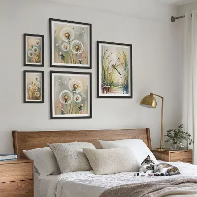 5 paveikslų rinkinys su rėmais gėlių ir laumžirgių motyvais