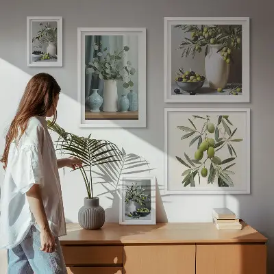 Sieninė paveikslų galerija skandinaviško stiliaus žaliųjų alyvuogių žiedai