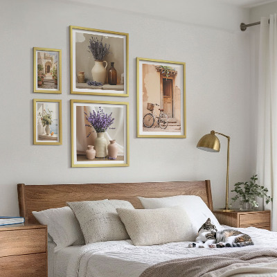 5 paveikslų rinkinys su rėmais Stilingas interjeras su dviračiu ir gėlėmis