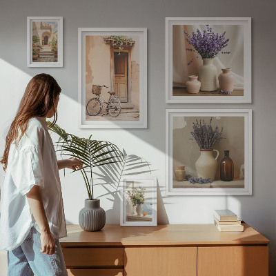 5 paveikslų rinkinys su rėmais Stilingas interjeras su dviračiu ir gėlėmis