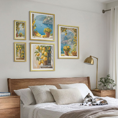 5 paveikslų rinkinys su rėmais Citrinų akcentai Provanso jūra