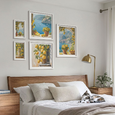 5 paveikslų rinkinys su rėmais Citrinų akcentai Provanso jūra