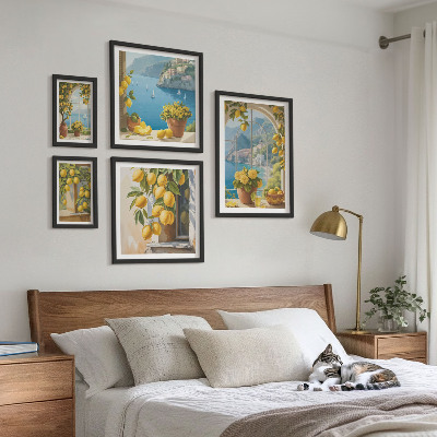 5 paveikslų rinkinys su rėmais Citrinų akcentai Provanso jūra