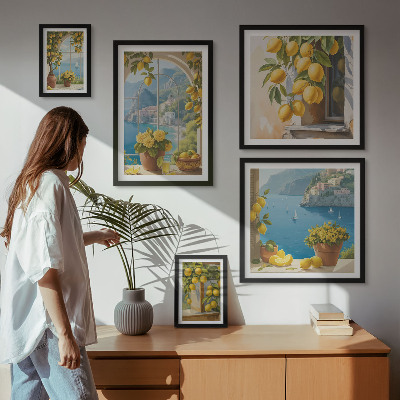 5 paveikslų rinkinys su rėmais Citrinų akcentai Provanso jūra