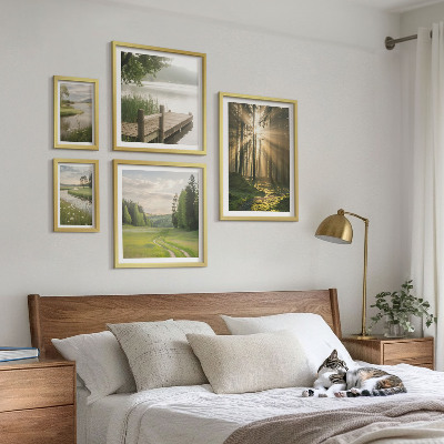 5 paveikslų rinkinys su rėmais Miško peizažai saulė vanduo