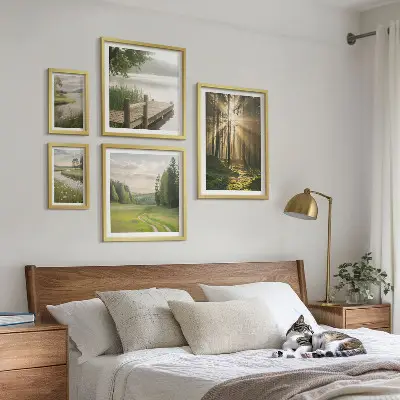 5 paveikslų rinkinys su rėmais miško peizažai su saule ir vandeniu