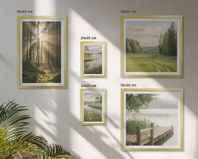 5 paveikslų rinkinys su rėmais miško peizažai su saule ir vandeniu