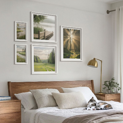 5 paveikslų rinkinys su rėmais Miško peizažai saulė vanduo