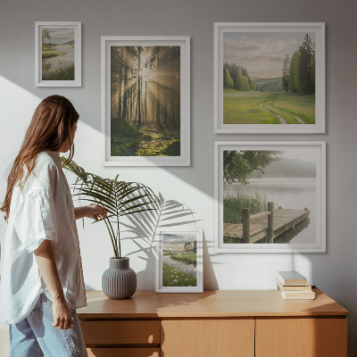 5 paveikslų rinkinys su rėmais Miško peizažai saulė vanduo