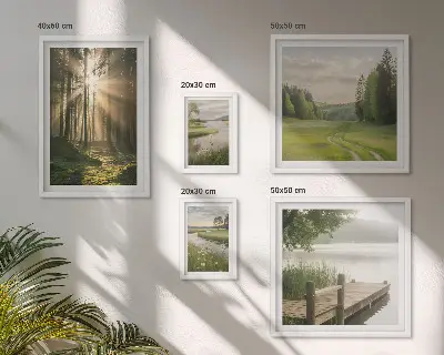5 paveikslų rinkinys su rėmais miško peizažai su saule ir vandeniu