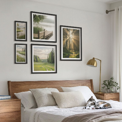 5 paveikslų rinkinys su rėmais Miško peizažai saulė vanduo
