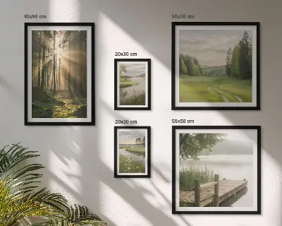 5 paveikslų rinkinys su rėmais miško peizažai su saule ir vandeniu