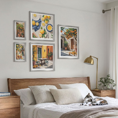 5 paveikslų rinkinys su rėmais Citrusiniai vaisiai soduose