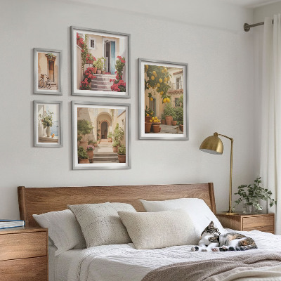 5 paveikslų rinkinys su rėmais Gatvės, gėlės, citrusiniai vaisiai, Provansas