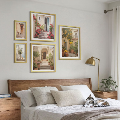 5 paveikslų rinkinys su rėmais Gatvės, gėlės, citrusiniai vaisiai, Provansas