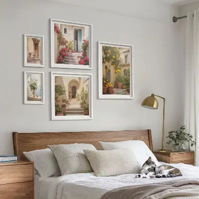 5 paveikslų rinkinys su rėmais gatvės, gėlių ir citrusinių vaisių motyvai Provanso stiliumi