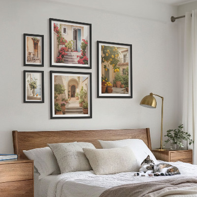 5 paveikslų rinkinys su rėmais Gatvės, gėlės, citrusiniai vaisiai, Provansas