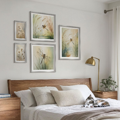 5 paveikslų rinkinys su rėmais Boho gamtos motyvai su laumžirgiais