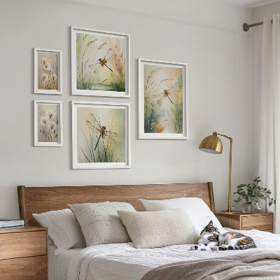 5 paveikslų rinkinys su rėmais Boho gamtos motyvai su laumžirgiais