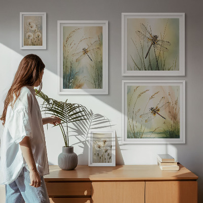 5 paveikslų rinkinys su rėmais Boho gamtos motyvai su laumžirgiais