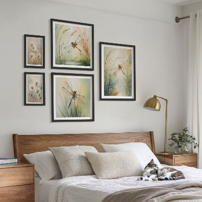 5 paveikslų rinkinys su rėmais Boho gamtos motyvai su laumžirgiais