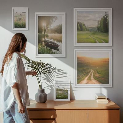 5 paveikslų rinkinys su rėmais Vandens ir žalumos peizažai