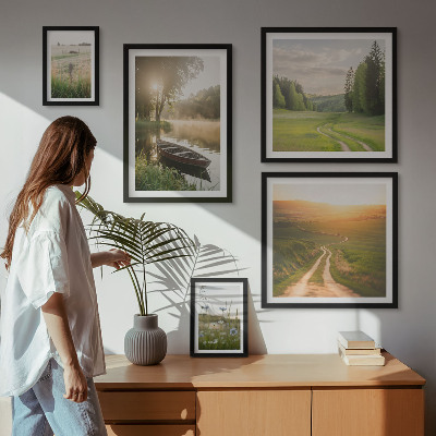 5 paveikslų rinkinys su rėmais Vandens ir žalumos peizažai