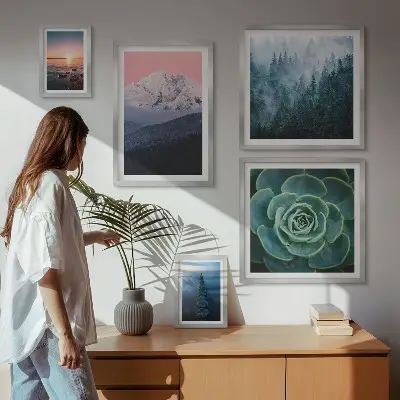 5 paveikslų rinkinys su rėmais boho stiliaus kalnų ir jūros peizažai