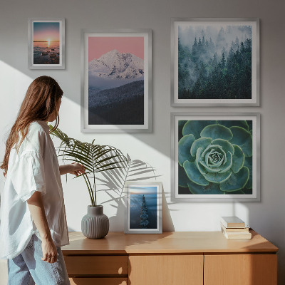 5 paveikslų rinkinys su rėmais Peizažai kalnai jūra boho