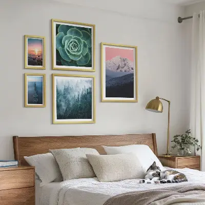 5 paveikslų rinkinys su rėmais boho stiliaus kalnų ir jūros peizažai