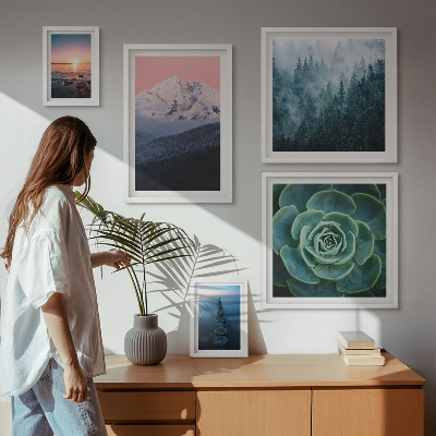 5 paveikslų rinkinys su rėmais Peizažai kalnai jūra boho