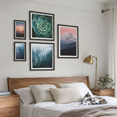 5 paveikslų rinkinys su rėmais Peizažai kalnai jūra boho