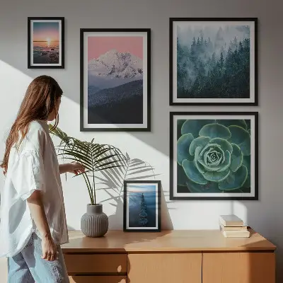 5 paveikslų rinkinys su rėmais boho stiliaus kalnų ir jūros peizažai