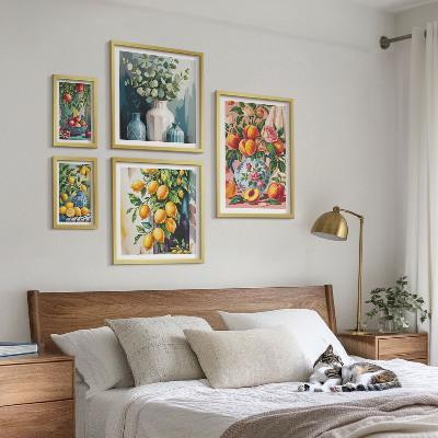 Paveikslų rinkinys miegamajam Vaisių ir gėlių kompozicijos