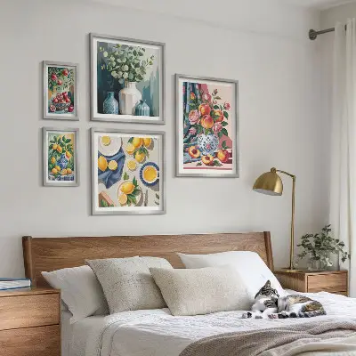 5 paveikslų rinkinys su rėmais gėlių ir vaisių kompozicijos
