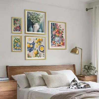 5 paveikslų rinkinys su rėmais gėlių ir vaisių kompozicijos