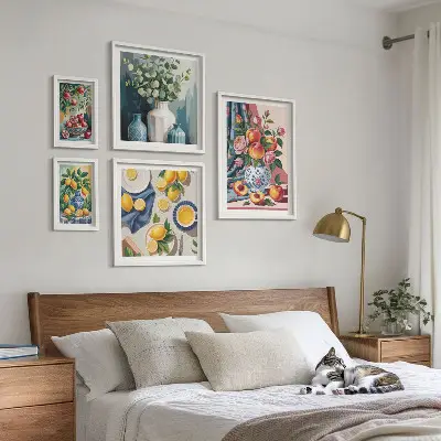 5 paveikslų rinkinys su rėmais gėlių ir vaisių kompozicijos
