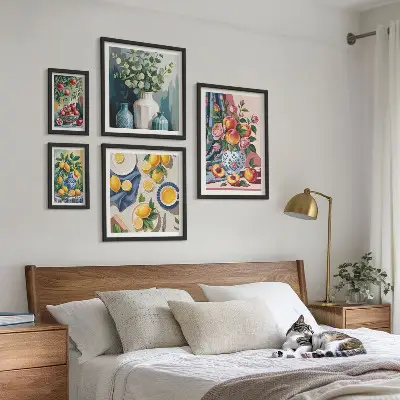 5 paveikslų rinkinys su rėmais gėlių ir vaisių kompozicijos
