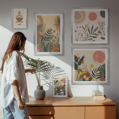 5 paveikslų rinkinys su rėmais Abstraktūs boho augalų motyvai