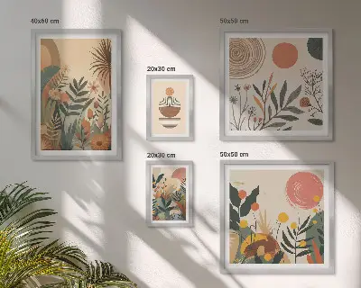 5 paveikslų rinkinys su rėmais abstrakčių boho augalų motyvų